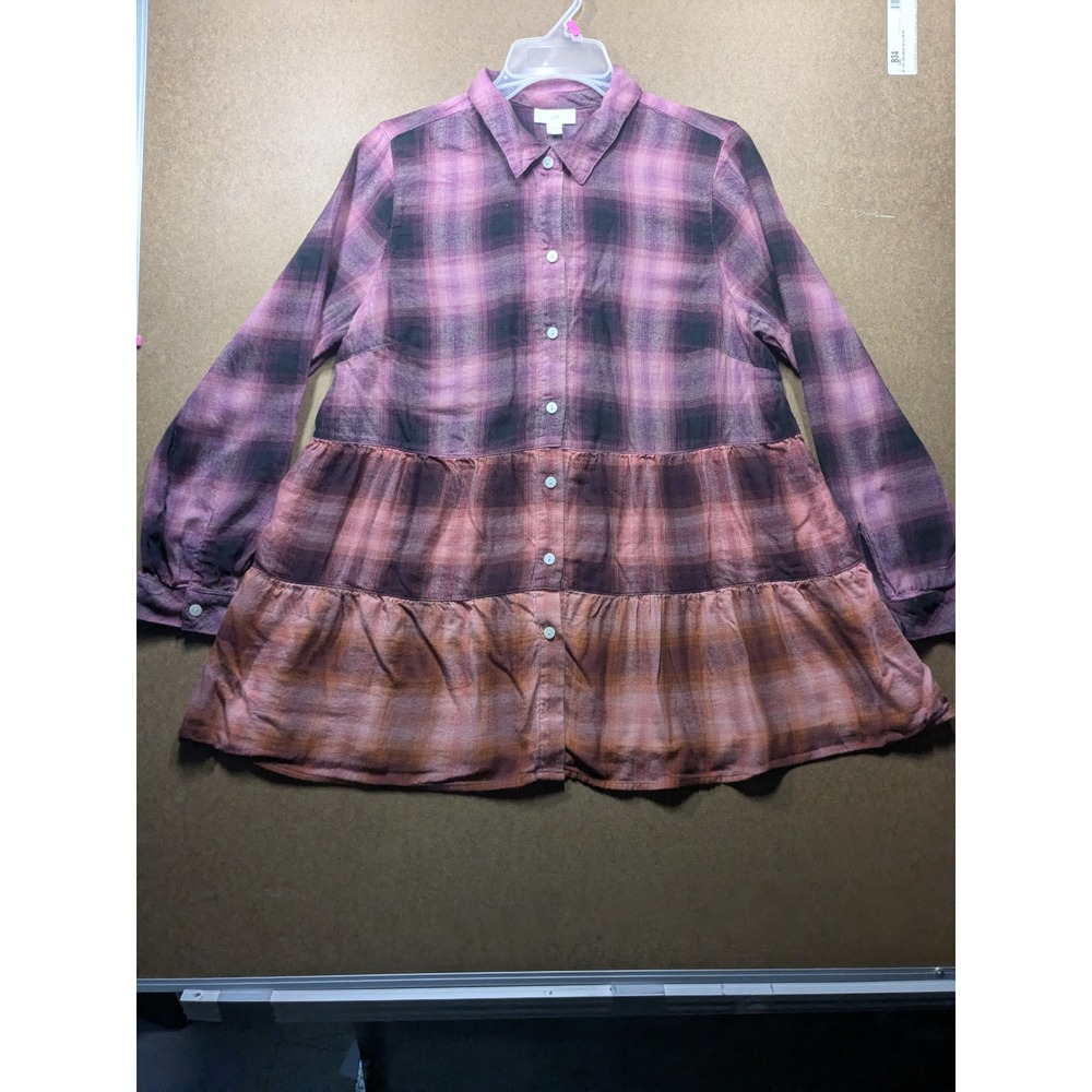 J. Jill Ombre Plaid Tiered Button Down Tunic Top Purple Pink Petite Medium